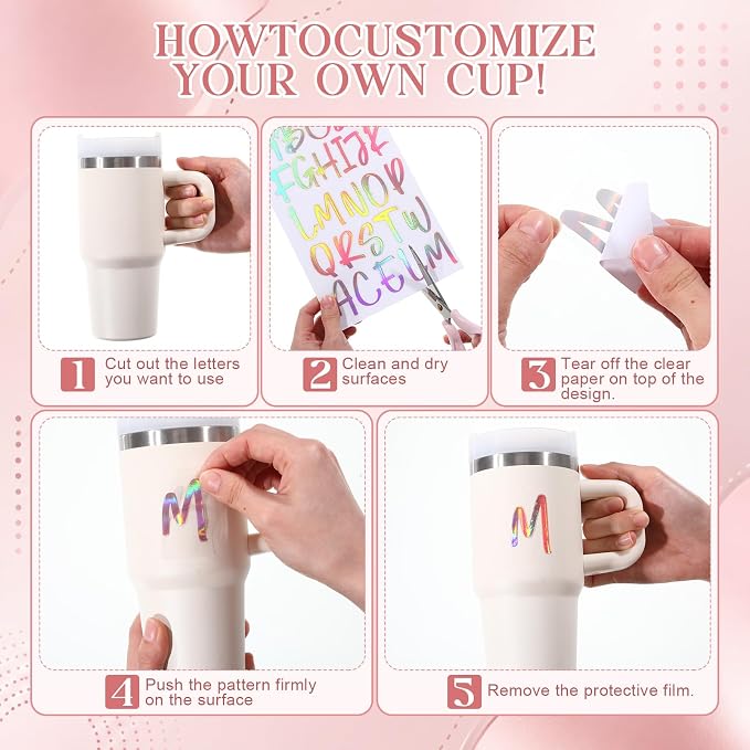 UV DTF Cup Wrap Letter Stickers Vinyl Decals,Laser Pink,6 Sheets | Personalized Name Stickers for Water Bottles Tumblers, Waterproof UV DTF Alphabet A-Z Stickers for 14-50oz Mugs DIY Craft