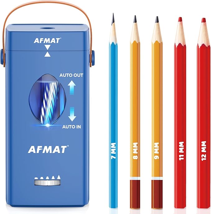 AFMAT Electric Pencil Sharpener, Fully Automatic Pencil Sharpener for 6-12mm No.2/Jumbo Pencils, Auto in & Out, 5 Sharpness Modes, Rechargeable Heavy Duty Sharpeners for Classroom/Home/Office PSC7