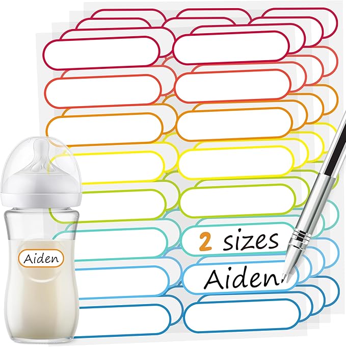 Baby Bottle Labels for Daycare, Self-Laminating, Waterproof Write-On Name Labels, Assorted Sizes & Colors, Pack of 80 (Rainbow)