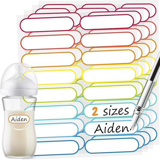 Baby Bottle Labels for Daycare, Self-Laminating, Waterproof Write-On Name Labels, Assorted Sizes & Colors, Pack of 80 (Rainbow)