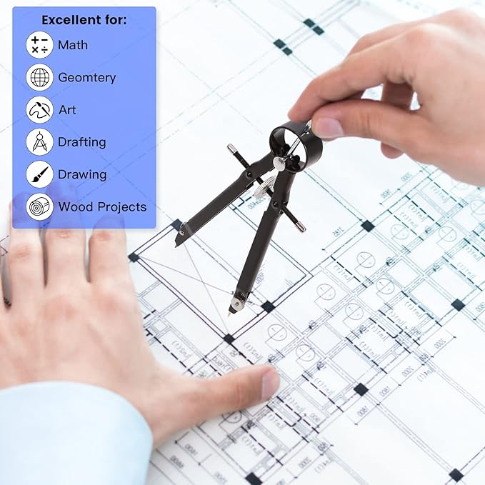 2pcs Compass for Geometry, Professional Drawing Compass,Metal Compass, Circle Compass Drawing Tool for Geometry, Math, Drafting, Drawing, Measuring, School & Office Supplies by CUALORK