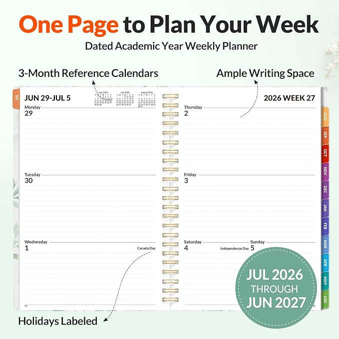 SUNEE Academic Planner 2026-2027 – Weekly & Monthly Planner, July 2026 to June 2027, 6.4"x8.3", Thick Paper, Tabs, Pockets, Bookmark, Spiral-Bound, Student Teacher Organizer, Greenery