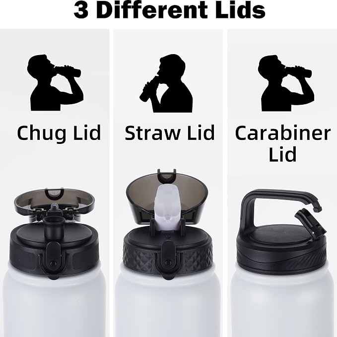 Oldley Insulated Water Bottle 32oz Water Bottles with Straw, Stainless Steel Water Bottle with 3 Lids, Double Wall Vacuum Thermo for Adults Kids,Leak-Proof Sport Bottles for School Travel, White Black