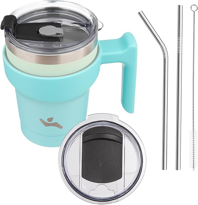 Konokyo 10 oz Tumbler with Handle and 2 Straw 2 Lid, Insulated Water Bottle Stainless Steel Vacuum Cup Reusable Travel Mug, Mint