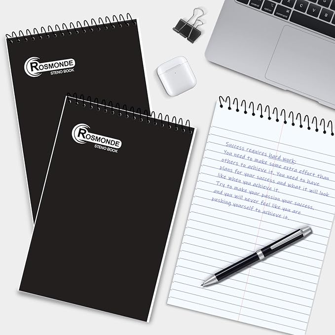 Rosmonde 12 Pack Spiral Steno Pads, 6 x 9, Gregg Rule, Black Steno Pad, Long Lasting - 80 Sheets (160 Pages), Top Spiral Notebook, Bulk Steno Notebook for Business, Top Spiral Steno Book for Office
