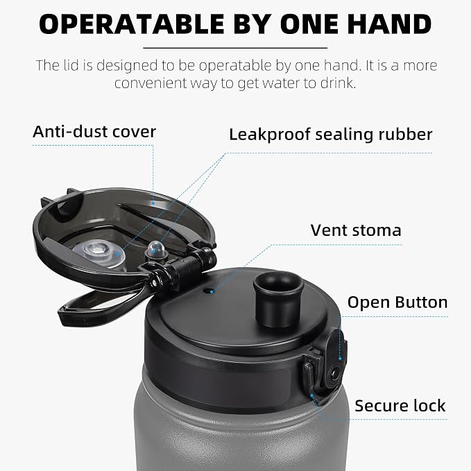 Fanhaw 20 oz Insulated Stainless Steel Water Bottle with Anti-Dust Chug Lid, Leakproof Vacuum Metal Everyday Use Bottle for Kids, Teens & Adults, Back to School Essentials (Gray)