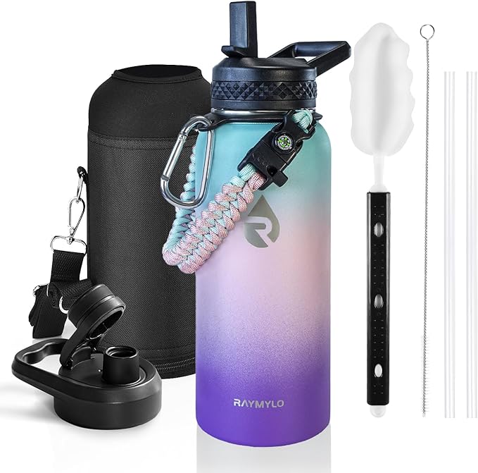 RAYMYLO Insulated Water Bottle 32 oz, Triple Wall Vacuum Stainless Steel (Cold for 24Hrs, Hot for 12Hrs), Leak Proof & Non-BPA, Modern Water Flask Jug with Paracord Handle & Straw Spout Lids