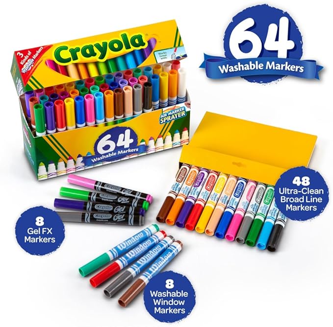Crayola Washable Broad Line Marker Variety Set (64ct), Teacher School Supplies for Toddlers & Kids, Ultra-Clean, Window, & Gel FX Markers for Kids, 3+