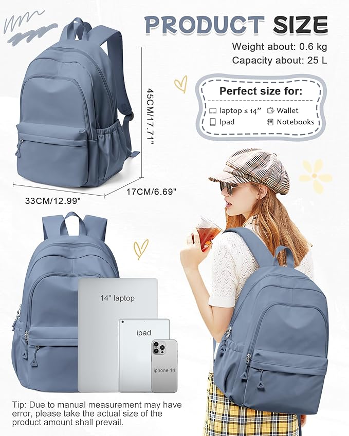 BJLFS Small Blue Backpack for School Women Girls, Waterproof Bookbag Cute High School Backpack for Men Teen Boys, Lightweight Travel College Back Pack Mochilas Escolares para Casual Daypack Rucksack