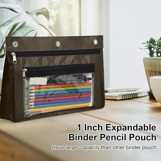 YoeeJob 2 Pack Expandable Pencil Pouches for 3 Ring Binders, Coffee Color | 1-inch expansion, 2 clear PVC pockets, 3 holes, large-capacity storage for school and office supplies.