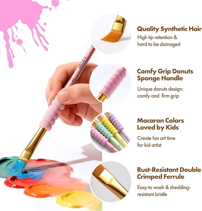 Artify Paint Brushes for Kids, 12-Sizes Paint Brush Set for Kid's Arts and Crafts, Ergonomic Donuts Handle | Macaron Colors Kids Paint Brushes, for Acrylic, Oil, Watercolor, Gouache, Paint by Numbers
