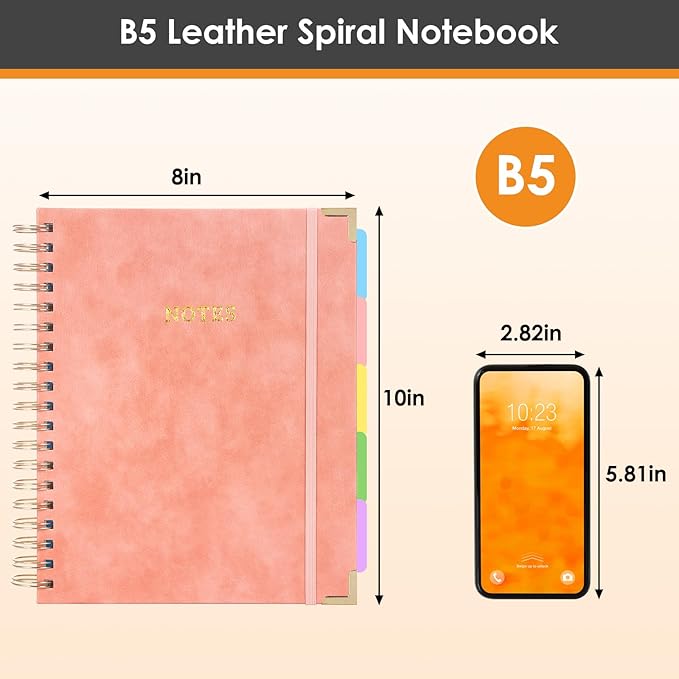 Hardcover Spiral Notebook with Dividers Tabs, 300 Pages 8"x10"(B5) Leather 5 Subject Notebook, Large Journal for Work School Note Taking, Journal for Women, Pink