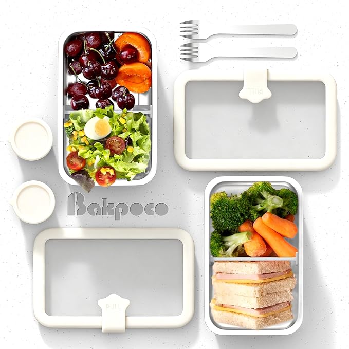 Bakpoco Stainless Steel Bento Box for Adult, 42oz Leak-Proof Metal Lunch Box Containers with Adjustable Divider, Microwave-Safe, Lunchbox with Glass Lid for Work Travel