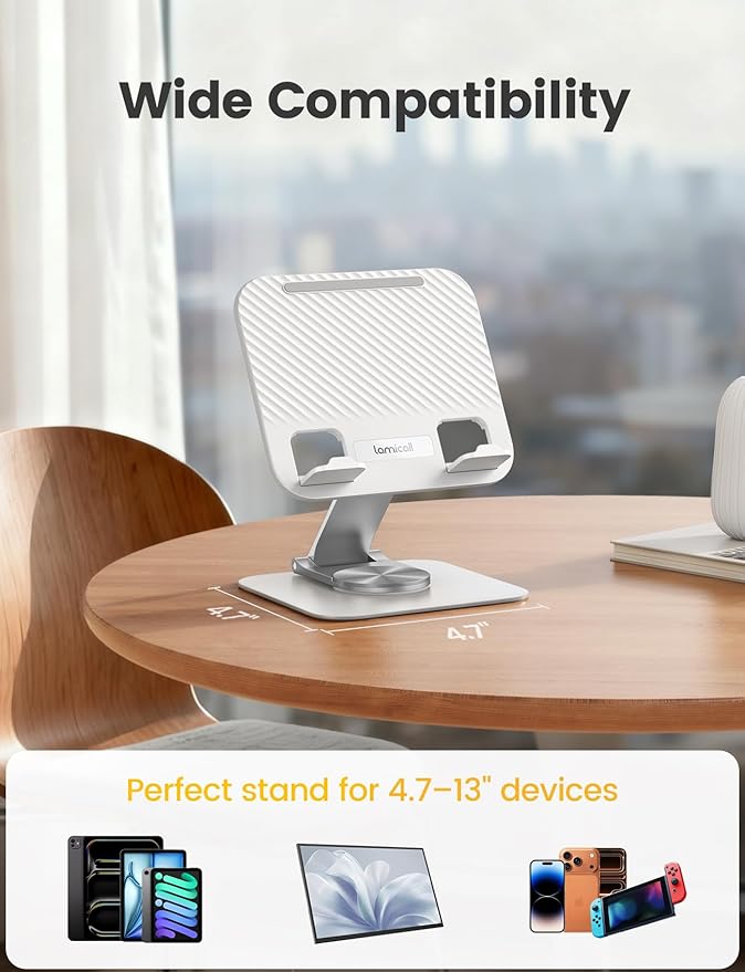 Lamicall Tablet Stand Holder for Desk - [Ultra-Slim Foldable][360°Rotation] iPad Holder Stand, 360° Rotatable Desktop Tablet Holder, Tablets Accessories for 4.7-13" iPad, Switch, Phone (White)