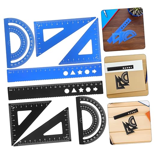 Healifty 8pcs Metal Geometry Ruler Set with Protractor Triangle Straight Ruler Precise Math Drafting Tools Kit for School Office Portable Storage Box Clear Scale Markings for Accurate