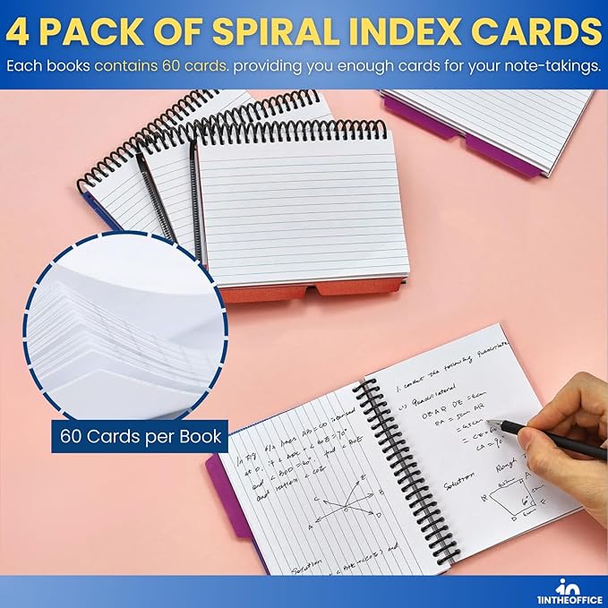 1InTheOffice Index Cards 4 x 6 Ruled, Spiral Bound, 120 White Cards/Spiral, 4 Pack (4)