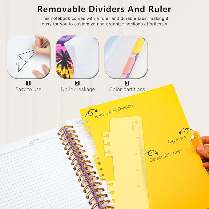Hardcover Spiral Notebook College Ruled, 6.2"x 8.2" Leather Journal Notebook with Magnetic Closure, 300 Pages 5 Subject Notebook with Dividers Tabs Journal for Women Men, Work, School(Lavender Purple)