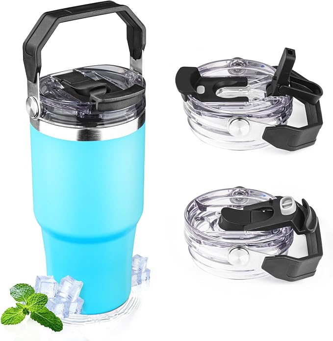 20oz Tumbler with Handle and Flip Straw Lid Double Wall Insulated Travel Coffee Mug Stainless Steel Vacuum Insulated Coffee Tumbler Cup for Hot and Cold Beverages,Leak-proof&BPA-free（20oz,Baby blue）