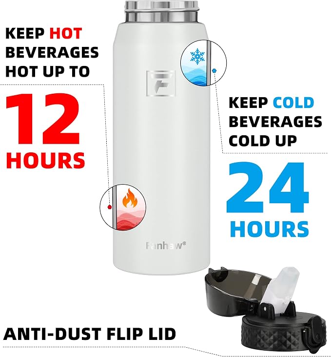 Fanhaw 24 Oz Kids Insulated Stainless Steel Water Bottle with Straw Lid, Leakproof & Anti-Dust Everyday Use Bottle for School, Women & Men, Back to School Essentials (White)