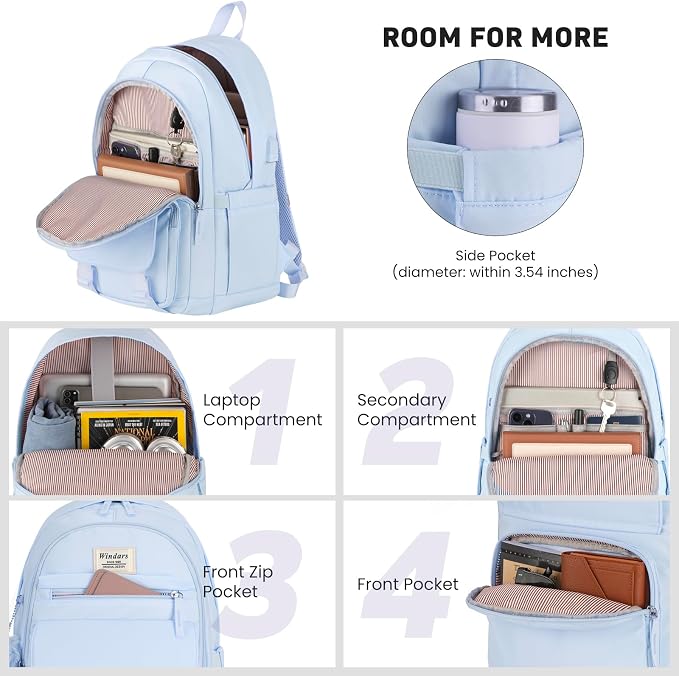 WINDARS School Backpack with Lunch Box for Teen Girls, Cute College Backpacks for Women Students Aesthetic Bookbag Large 15.6 Inch Laptop Bag Middle School Travel Back Pack (Blue-3 Pcs)
