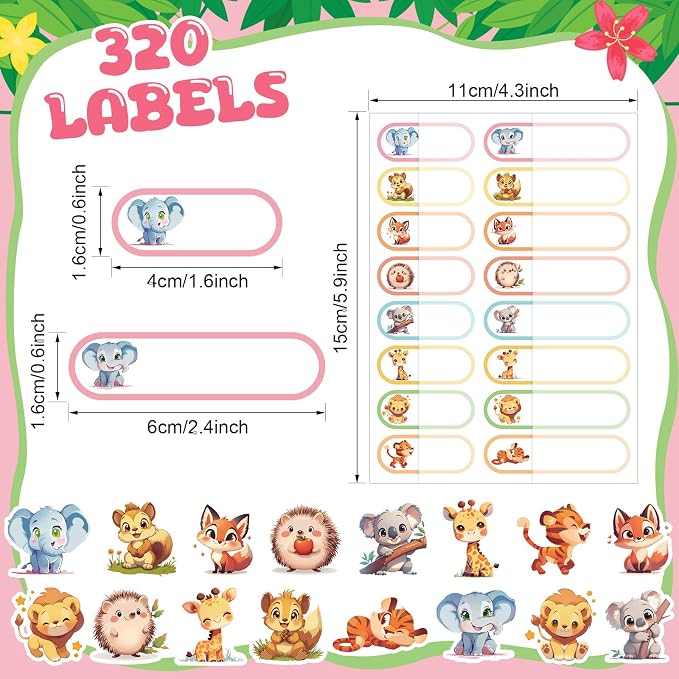 Waterproof Name Labels for Kids Daycare 320 Pcs, Animal | Self Adhesive Baby Water Bottle Stickers for School Supplies, Self Laminating, School Name Stickers for Lunch Boxes