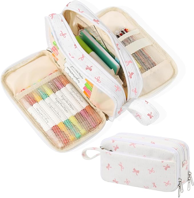 BuyCard Large Capacity Cute Pencil Case, Aesthetic Pen Pouch, White with Pink Bow Pattern Pencil Bag, Kawaii Stationery Storage and Organizer, Supplies for Teen and Adult Girls