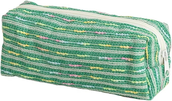 Pencil Case Pouch, Cute cartoon strawberry cake pencil case with versatile colorful lines and large capacity storage bag(Green Square)