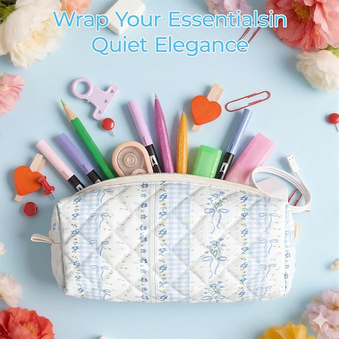 Cute Quilted Pencil Case for Girls Women, Aesthetic Small Floral Pencil Pouch,Slim Soft Pencil Bag for School Supplies Makeup Pouch for School & Daily Use (Blue Bow Floral)