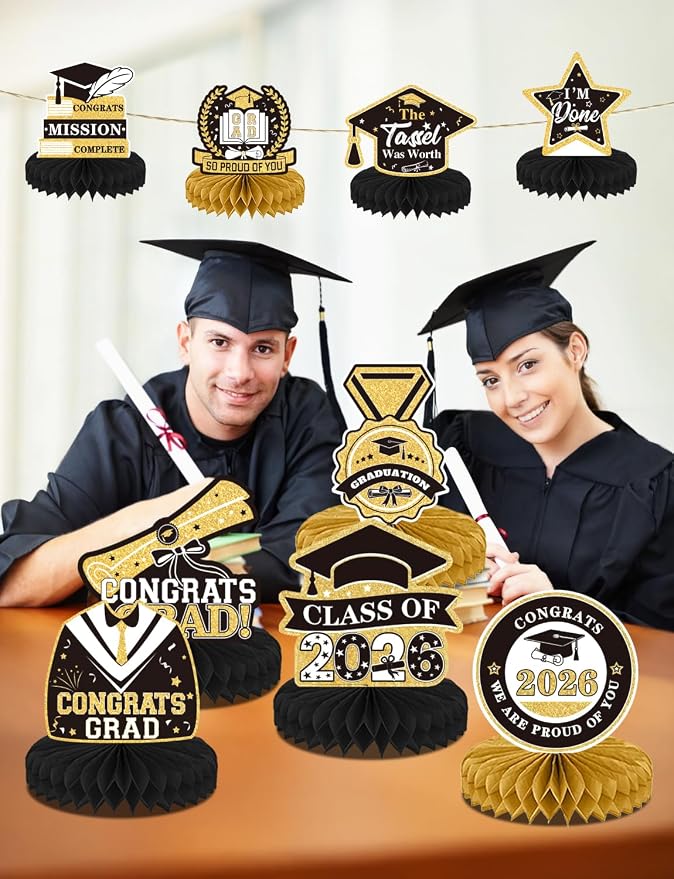 9Pcs Graduation Centerpieces for Tables 2026 - Graduation Table Decorations Black and Gold Honeycomb Centerpiece Class of 2026 Congratulate Table Toppers Congrats Grad Party Supplies