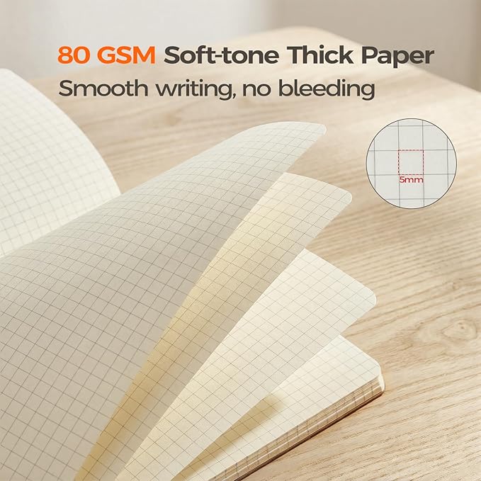 5 Pack Kraft Notebooks Bulk A5, 60 Pages Grid Graph Paper Journals, 8.3x5.5 Inches, Natural Kraft Cover Composition Notebooks for School Office Students Artists