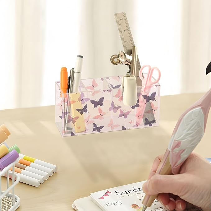 Aslsiy Butterfly (31) Pen Holder for Kids 4 Compartments Acrylic Pencil Holder Clear Makeup Brush Holder Desk Organizer Office Supplies