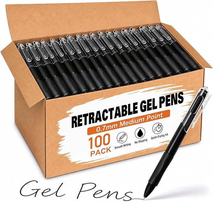 100 Count Black Gel Pens Bulk, Retractable 0.7mm Medium Point Pen | Smooth Quick-Drying Ink for Back to School Supplies, Home, Classroom and Office
