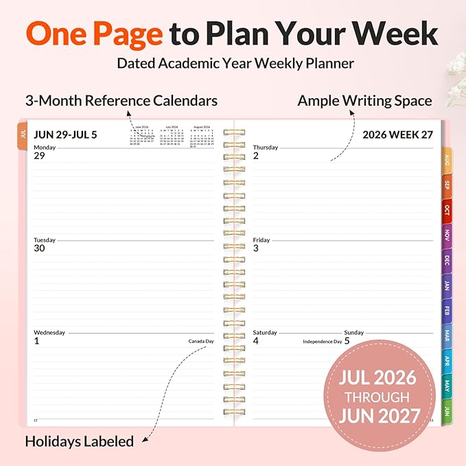 SUNEE Academic Planner 2026-2027 – Weekly & Monthly Planner, July 2026 to June 2027, 6.4"x8.3", Thick Paper, Tabs, Pockets, Bookmark, Spiral-Bound, Student Teacher Organizer, Pink