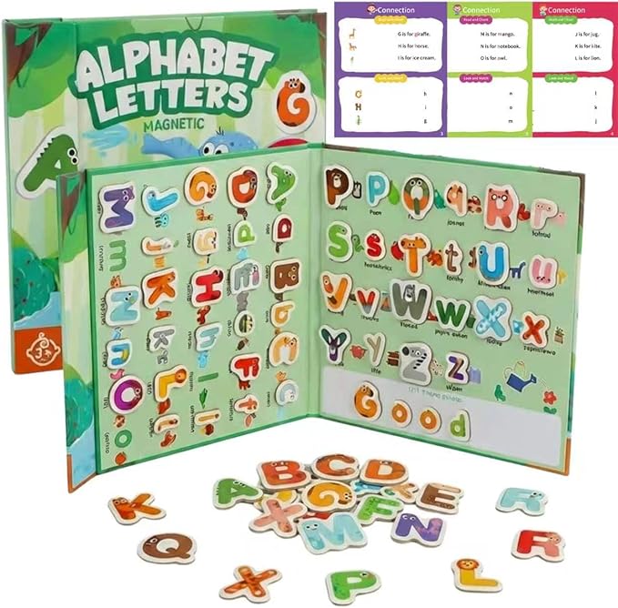 Magnetic Alphabet Book for Toddlers 3+, 52 Animal-Shaped ABC Magnets with Erasable Writing Practice, Portable Refrigerator Letters for Kids, Educational Travel Toy for Spelling & Reading