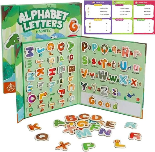 Magnetic Alphabet Book for Toddlers 3+, 52 Animal-Shaped ABC Magnets with Erasable Writing Practice, Portable Refrigerator Letters for Kids, Educational Travel Toy for Spelling & Reading