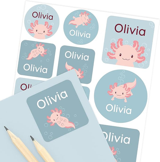 Camp Name Labels for Kids (33) – Custom Waterproof Stickers for Water Bottles, Lunch Boxes, Daycare & School with Unique Designs - Axolotl