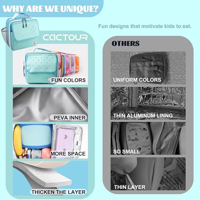 CaCTOUR Lunch Box Kids,Fun Color Lunch Box for Boys,Large Soft Cooler Lunch Bag for Kids,Back to School Thermal Insulated Lunch Tote Bag for School Daycare Outdoor (Teal)