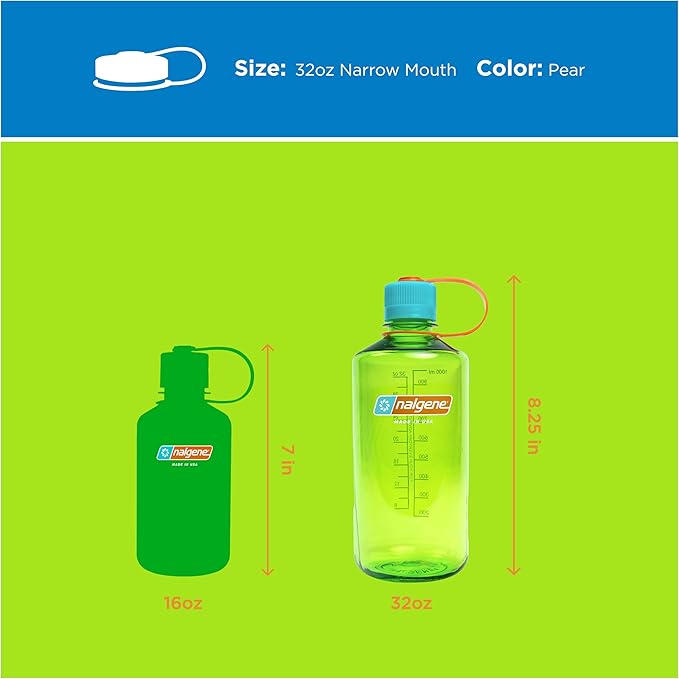 Nalgene 32 oz Narrow Mouth Water Bottle | BPA-Free, Durable & Leak Proof, Lightweight Bottle for Hiking, Gym & Travel, Pear
