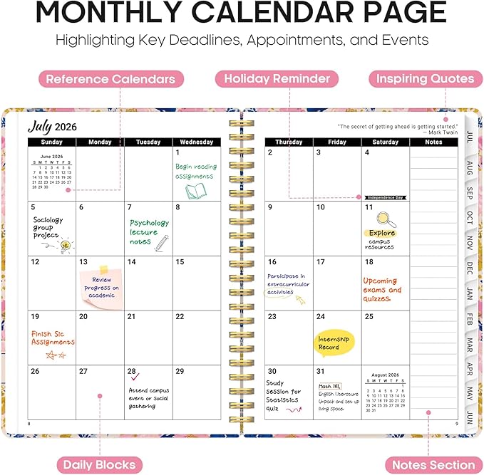 Planner 2026-2027, Academic Year Monthly and Weekly Calendar Planner, Jul 2026 - Jun 2027, Hardcover Teacher Student Planning Agenda book with Tabs, Perfect for School Office Supplies, 6.3" x 8.5" - Pink Garden
