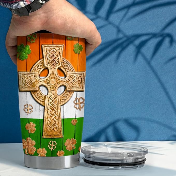 SANDJEST Irish Tumbler 20oz Celtic Cross Irish Fact Stainless Steel Tumbler with Lid Gifts for Women Birthday Christmas