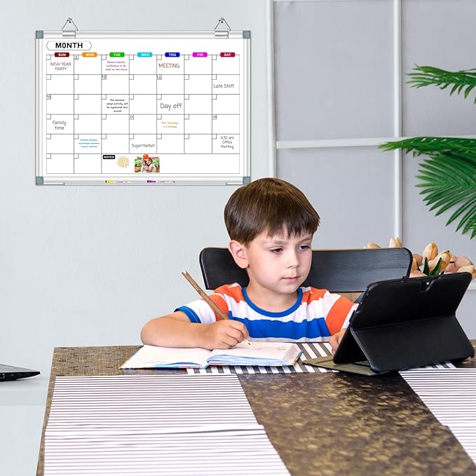 Dry Erase Calendar Whiteboard for Wall, 24" x 18" Magnetic Monthly White Board Calendar with Tray, Hanging Dry Erase Board for Office, Home, School