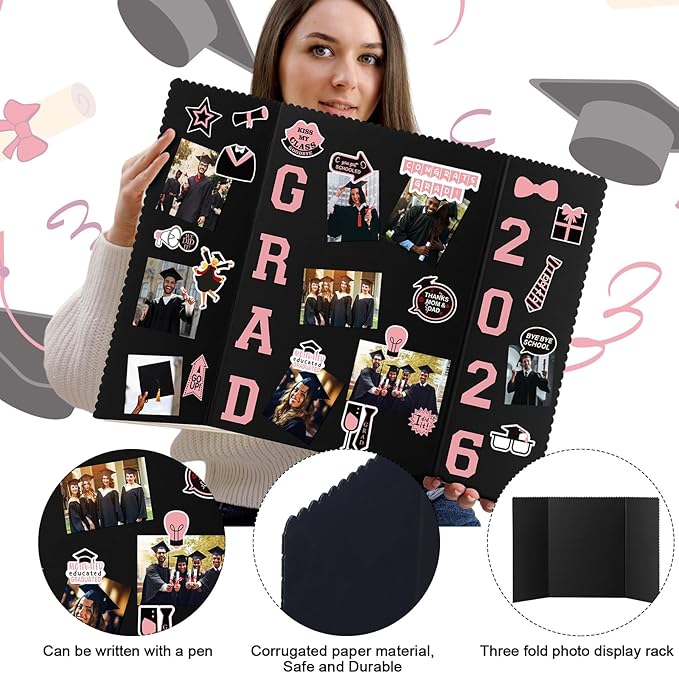 MiniInflat 4 Set 2026 Graduation Picture Trifold Poster Board Double-Sided Foldable Photo Display Board Graduation Decoration for Class of 2026 High School College DIY Craft(Pink,24 x 16 Inches)