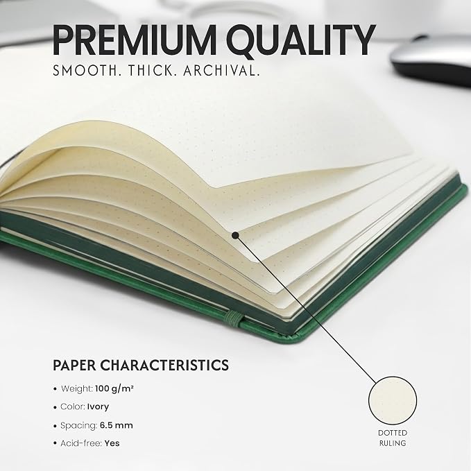 EVERLINEA 5.6” x 8.3” Embossed Tree A5 Hardcover Notebook, 240 Dotted Pages, Forest Green