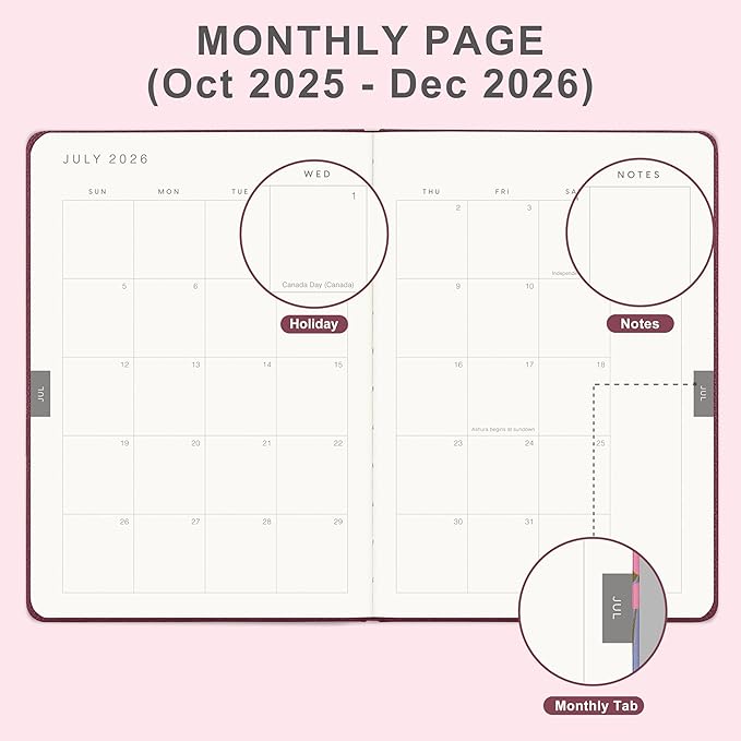 And Per Se 2026 Planner, 15 Months Hardcover Daily, Weekly & Monthly Planner, A5 size, 100GSM Thick Paper, Back Pocket, 5.7" x 8"(Dark Red)