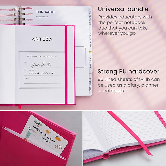 Arteza Academic Planner Bundle, Includes 9 x 7 Inches Planner, 6 x 8 Inches Lined Journal, and 2 Sticker Sheets, Office Supplies and College Essentials for Scheduling and Staying Organized
