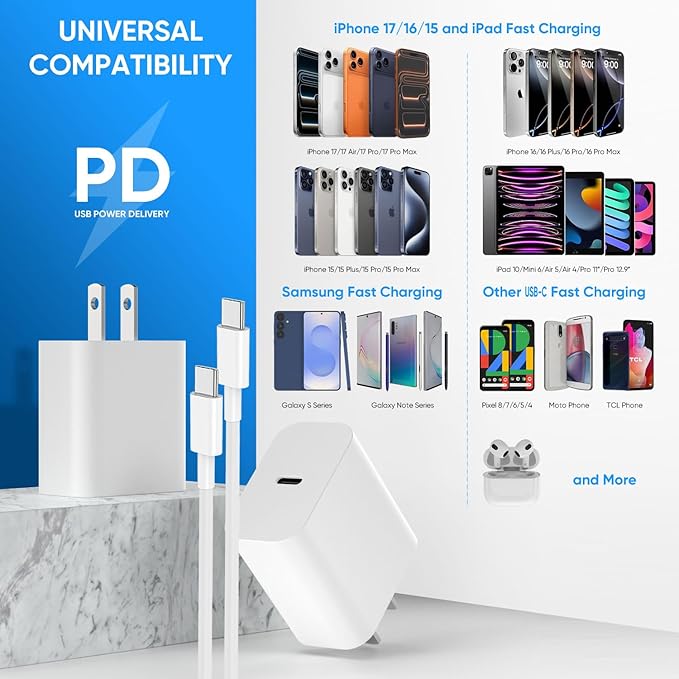 iPhone 17 16 15 Charger Fast Charging 6FT+10FT Cable, 20W USB C Charger, USBC Wall Charger for i Phone 17 Air 16 16e/16 Pro/16 Pro Max/15/15 Plus/15 Pro/15 Pro Max,i Phone iPad Pro/Mini (White)
