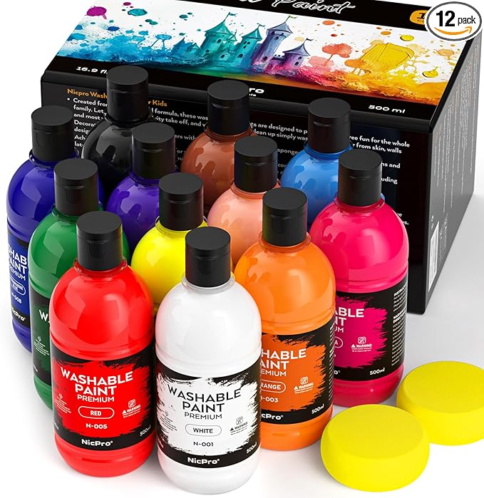 Nicpro 12 Colors Large Washable Paint Set for Kid (16.9oz), Acrylic Bulk Paint Supplies Non Toxic Tempera Paint for Art, Craft DIY, Poster & Finger Paint, School, Home, Teacher Classroom Must Haves