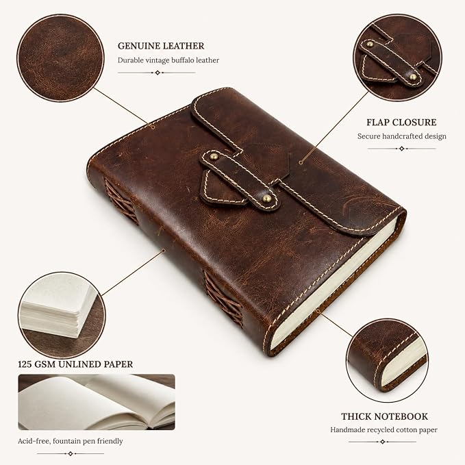 Leather Journal Writing Notebook 7x5 - Genuine Leather Bound Notebook for Men & Women - Closure Diary with 200 Pages 125 GSM Recycled Cotton Paper