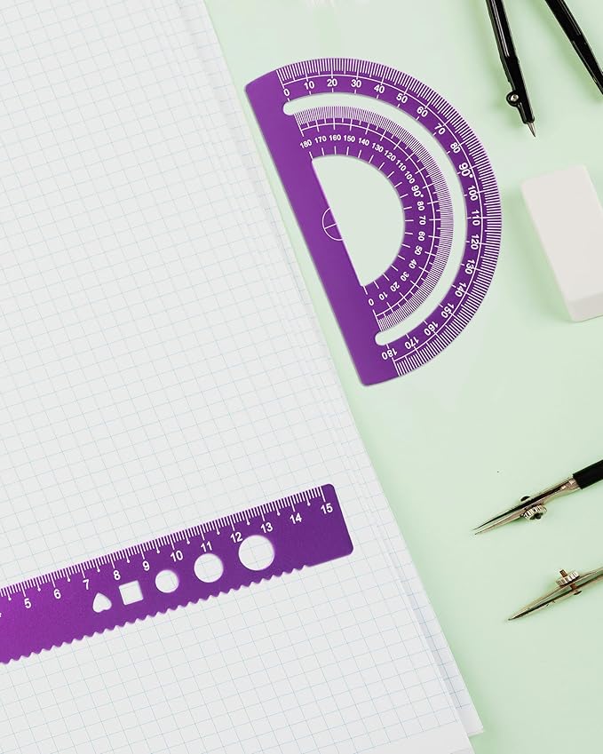5 Pcs Metal Geometry Set, Math Drafting Ruler Kit- Aluminum Triangle Rulers, Protractor, 8 Inch and 6 Inch Drawing Ruler, Measuring Tool for School and Office Supplies (Purple)