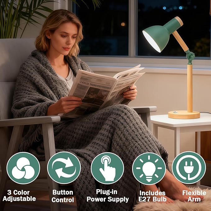 Desk Lamp, LED Desk Lamps for Home Office, Eye-Caring Desk Light, 3 Color Modes Reading Light, Wood Table Lamps with Flexible Arm, Study Lamp for Bedside College Dorm Room Essentials (Green Lamp)